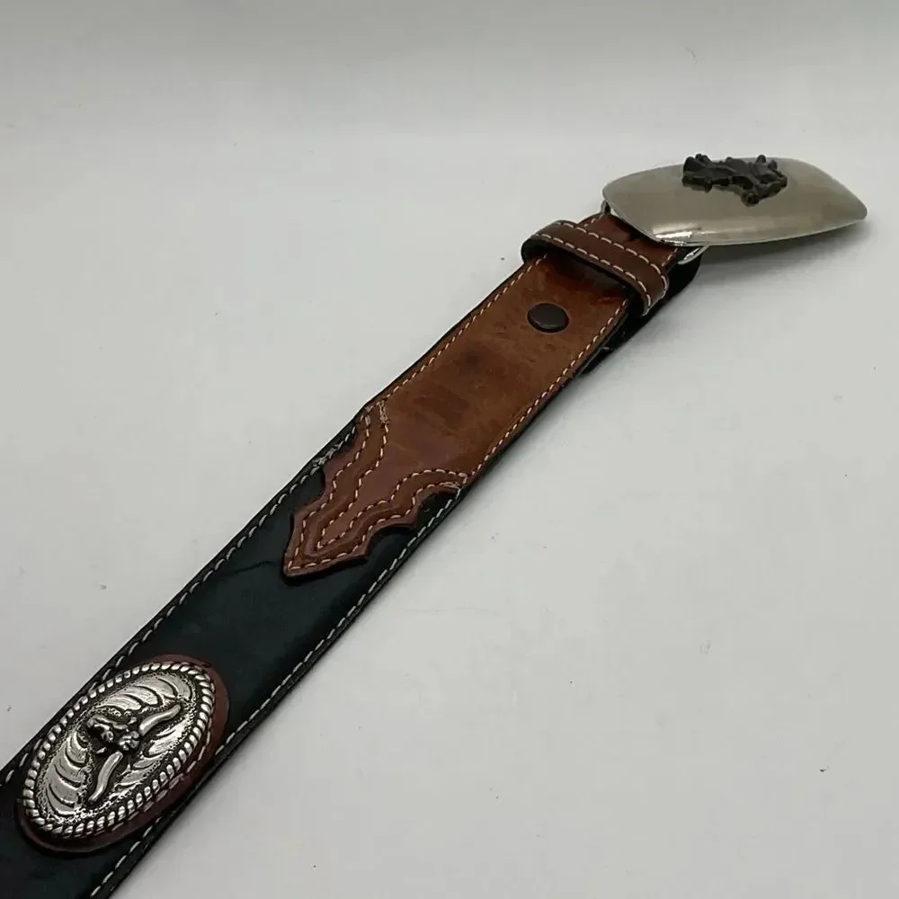 Nocona Brown And Black Leather Belt with Silver Toned embellishments